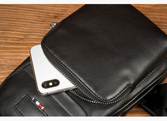 Black Leather Mens Cool Sling Pack Sling Bags Black Crossbody Packs Chest Bag for men - imessengerbags