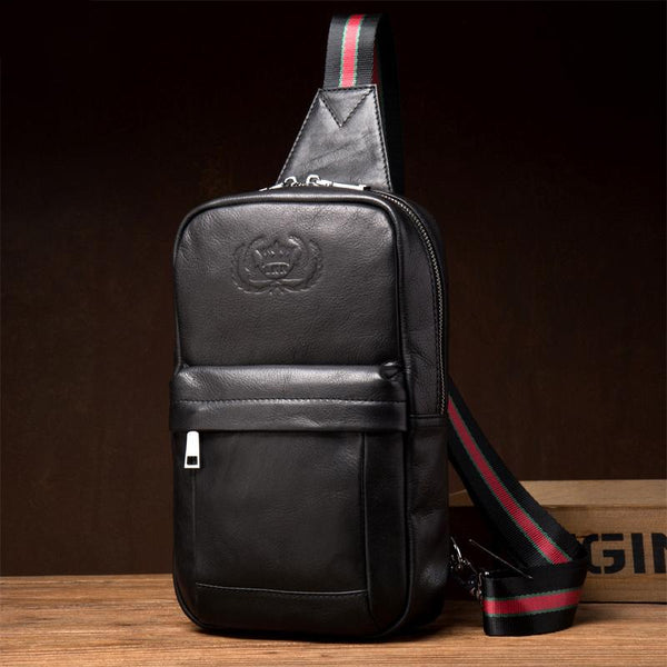 Cool Black Leather Mens Sling Bags Crossbody Pack Black Chest Bags One Shoulder Backpack for men - imessengerbags