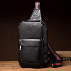 Cool Black Leather Mens Sling Bags Crossbody Pack Black Chest Bags One Shoulder Backpack for men - imessengerbags