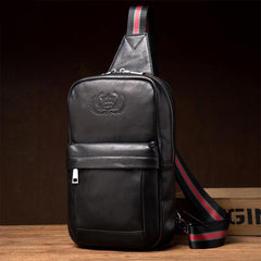 Cool Black Leather Mens Sling Bags Crossbody Pack Black Chest Bags One Shoulder Backpack for men