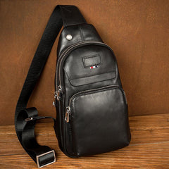 Black Leather Mens Cool Sling Pack Sling Bags Black Crossbody Packs Chest Bag for men - imessengerbags