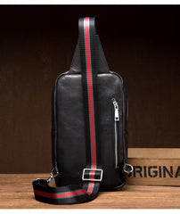 Cool Black Leather Mens Sling Bags Crossbody Pack Black Chest Bags One Shoulder Backpack for men - imessengerbags