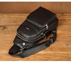 Black Leather Mens Cool Sling Pack Sling Bags Black Crossbody Packs Chest Bag for men - imessengerbags