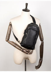 Black Leather Mens Cool Sling Bags Crossbody Pack Black One Shoulder Backpack Chest Bags for men - imessengerbags