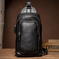 Black Leather Mens Cool Sling Bags Crossbody Pack Black One Shoulder Backpack Chest Bags for men - imessengerbags