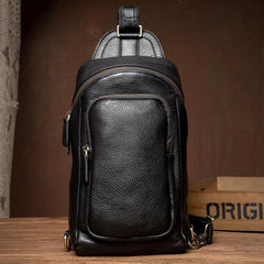 Black Leather Mens Cool Sling Bags Crossbody Pack Black One Shoulder Backpack Chest Bags for men
