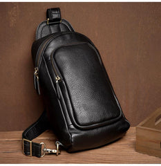 Black Leather Mens Cool Sling Bags Crossbody Pack Black One Shoulder Backpack Chest Bags for men - imessengerbags
