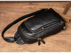 Black Leather Mens Cool Sling Bags Crossbody Pack Black One Shoulder Backpack Chest Bags for men - imessengerbags