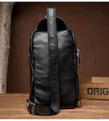 Black Leather Mens Cool Sling Bags Crossbody Pack Black One Shoulder Backpack Chest Bags for men - imessengerbags