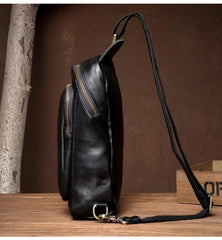 Black Leather Mens Cool Sling Bags Crossbody Pack Black One Shoulder Backpack Chest Bags for men - imessengerbags