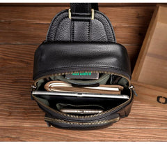 Black Leather Mens Cool Sling Bags Crossbody Pack Black One Shoulder Backpack Chest Bags for men - imessengerbags