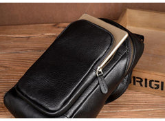 Black Leather Mens Cool Sling Bags Crossbody Pack Black One Shoulder Backpack Chest Bags for men - imessengerbags