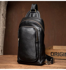 Black Leather Mens Cool Sling Bags Crossbody Pack Black One Shoulder Backpack Chest Bags for men - imessengerbags