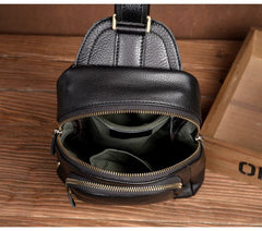 Black Leather Mens Cool Sling Bags Crossbody Pack Black One Shoulder Backpack Chest Bags for men - imessengerbags