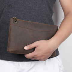 Dark Brown Leather Mens 8 inches Envelope Bag Wristlet Wallet Bag Zipper Clutch Wallet For Men