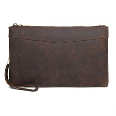 Dark Brown Leather Mens 8 inches Envelope Bag Wristlet Wallet Bag Zipper Clutch Wallet For Men