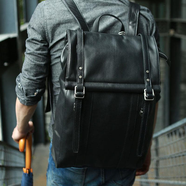 Black Leather Mens Backpack Travel Backpacks Laptop Backpack for men - imessengerbags