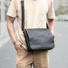 Casual Black Leather Mens 11 inches Courier Bags Messenger Bag Vintage Brown Postman Bags For Men - imessengerbags