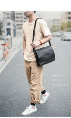 Casual Black Leather Mens 11 inches Courier Bags Messenger Bag Vintage Brown Postman Bags For Men - imessengerbags