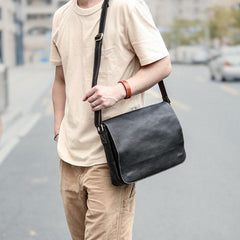 Casual Black Leather Mens 11 inches Courier Bags Messenger Bag Vintage Brown Postman Bags For Men - imessengerbags