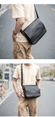 Casual Black Leather Mens 11 inches Courier Bags Messenger Bag Vintage Brown Postman Bags For Men - imessengerbags
