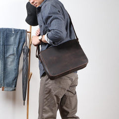 Casual Black Leather Mens 11 inches Courier Bags Messenger Bag Vintage Brown Postman Bags For Men - imessengerbags