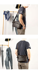 Black Leather Mens Casual Small Courier Bags Messenger Bags Gray Postman Bag For Men - imessengerbags