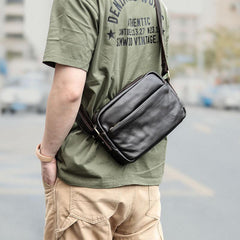 Black Leather Mens Casual Small Courier Bags Messenger Bags Gray Postman Bag For Men - imessengerbags