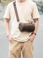 Black Leather Mens Small Casual Bucket Bag Barrel Messenger Bags Brown Postman Bag For Men - imessengerbags