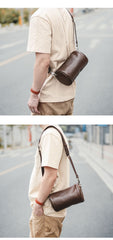 Black Leather Mens Small Casual Bucket Bag Barrel Messenger Bags Brown Postman Bag For Men - imessengerbags