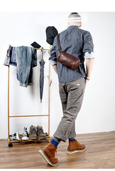 Black Leather Mens Small Casual Bucket Bag Barrel Messenger Bags Brown Postman Bag For Men - imessengerbags