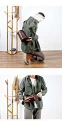 Black Leather Mens Small Casual Bucket Bag Barrel Messenger Bags Brown Postman Bag For Men - imessengerbags