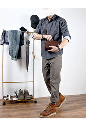 Black Leather Mens Small Casual Bucket Bag Barrel Messenger Bags Brown Postman Bag For Men - imessengerbags