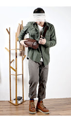 Black Leather Mens Small Casual Bucket Bag Barrel Messenger Bags Brown Postman Bag For Men - imessengerbags