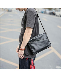 Black Leather Mens Casual Small Courier Bags Messenger Bag Amber Brown Postman Bags For Men - imessengerbags