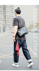 Black Leather Mens Casual Small Courier Bags Messenger Bag Amber Brown Postman Bags For Men - imessengerbags