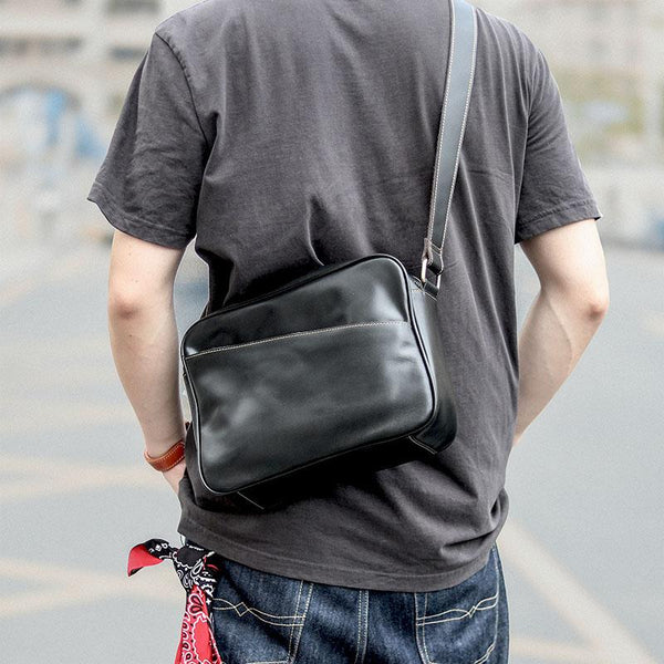 Black Leather Mens Casual Small Courier Bags Messenger Bag Amber Brown Postman Bags For Men - imessengerbags