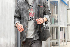 Black Leather Mens Casual Small Courier Bags Messenger Bag Amber Brown Postman Bags For Men - imessengerbags