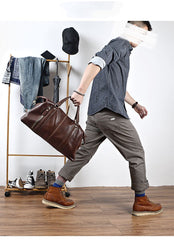 Black Leather Mens Casual Large Travel Bag Shoulder Weekender Bag Duffle Bag For Men - imessengerbags
