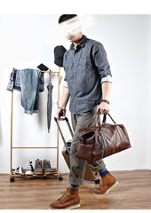 Black Leather Mens Casual Large Travel Bag Shoulder Weekender Bag Duffle Bag For Men - imessengerbags