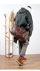 Black Leather Mens Casual Large Travel Bag Shoulder Weekender Bag Duffle Bag For Men - imessengerbags