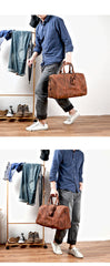 Black Leather Mens Casual Large Travel Bags Shoulder Weekender Bag Brown Duffle Bag For Men - imessengerbags