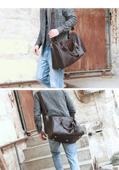 Black Leather Mens Casual Large Travel Bags Shoulder Weekender Bag Brown Duffle Bag For Men - imessengerbags