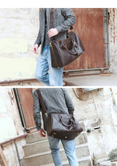 Black Leather Mens Casual Large Travel Bags Shoulder Weekender Bag Brown Duffle Bag For Men