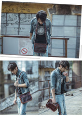Black Leather Mens Casual Small Courier Bags Messenger Bag Coffee Brown Postman Bag For Men - imessengerbags