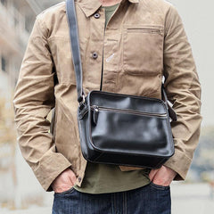 Black Leather Mens Casual Small Courier Bags Messenger Bag Coffee Brown Postman Bag For Men - imessengerbags