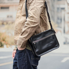 Black Leather Mens Casual Small Courier Bags Messenger Bag Coffee Brown Postman Bag For Men - imessengerbags