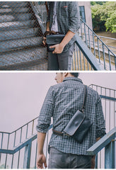Black Leather Mens Cool Small Courier Bags Messenger Bags Amber Brown Postman Bag For Men - imessengerbags