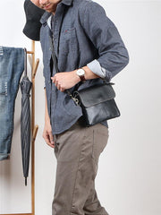 Black Leather Mens Cool Small Courier Bags Messenger Bags Amber Brown Postman Bag For Men - imessengerbags