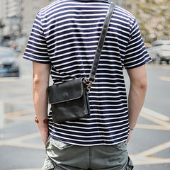 Black Leather Mens Cool Small Courier Bags Messenger Bags Amber Brown Postman Bag For Men - imessengerbags